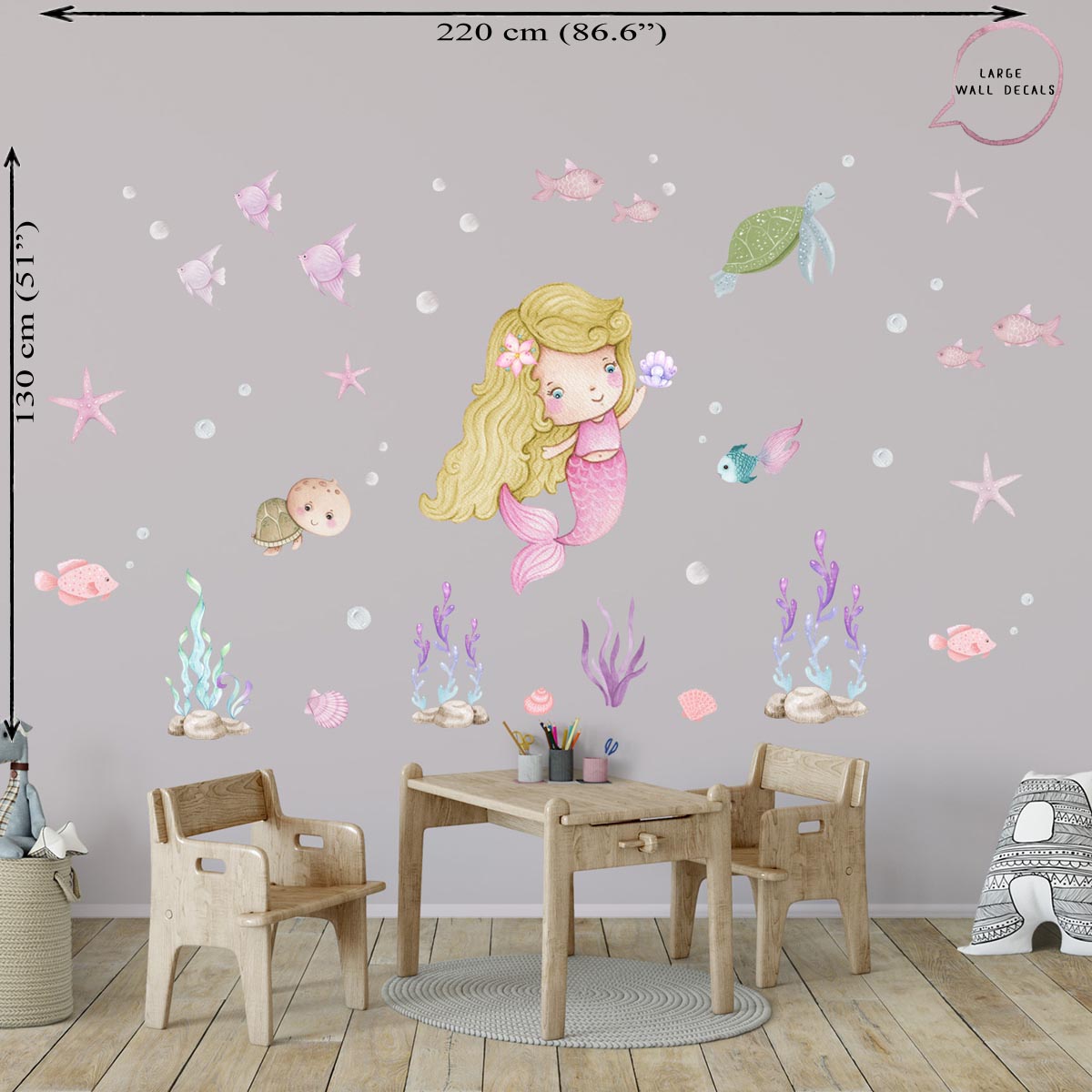 Mermaid, fish, sea - large wall decals for girl. Kid's room.