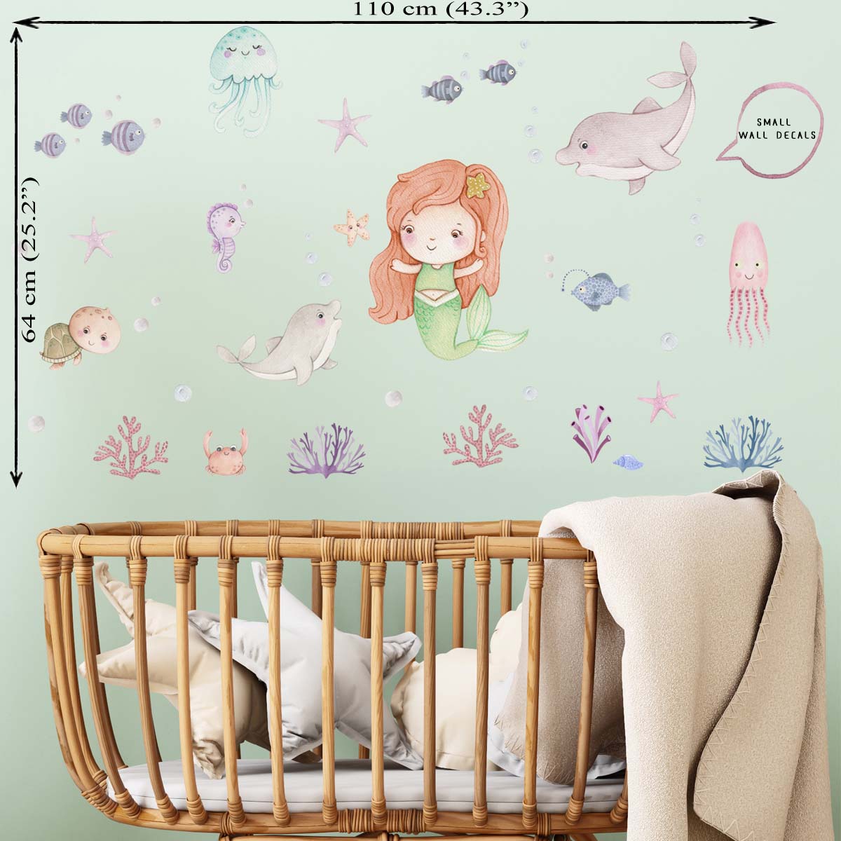 Mermaid. Ocean animals - small wall decals. Girl's room.