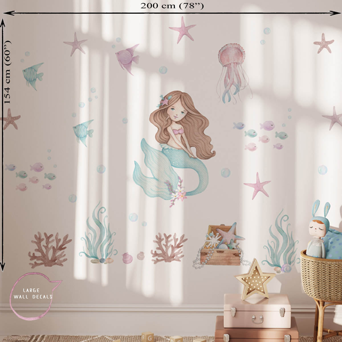 Mermaid, ocean animals - wall decals for kids room.