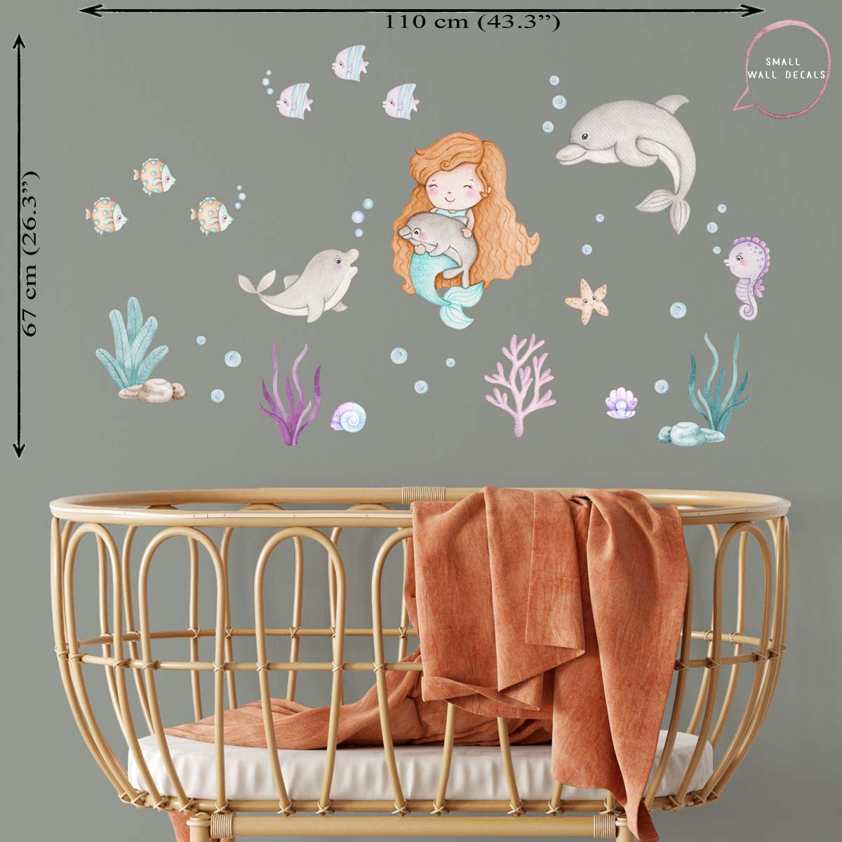 Mermaid, sea animals - small wall decals. Baby girl room.