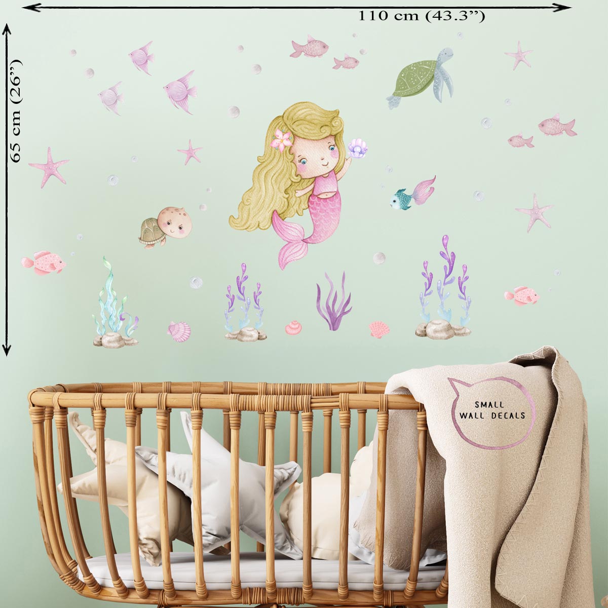 Mermaid, sea animals - small wall stickers. Baby girl room.