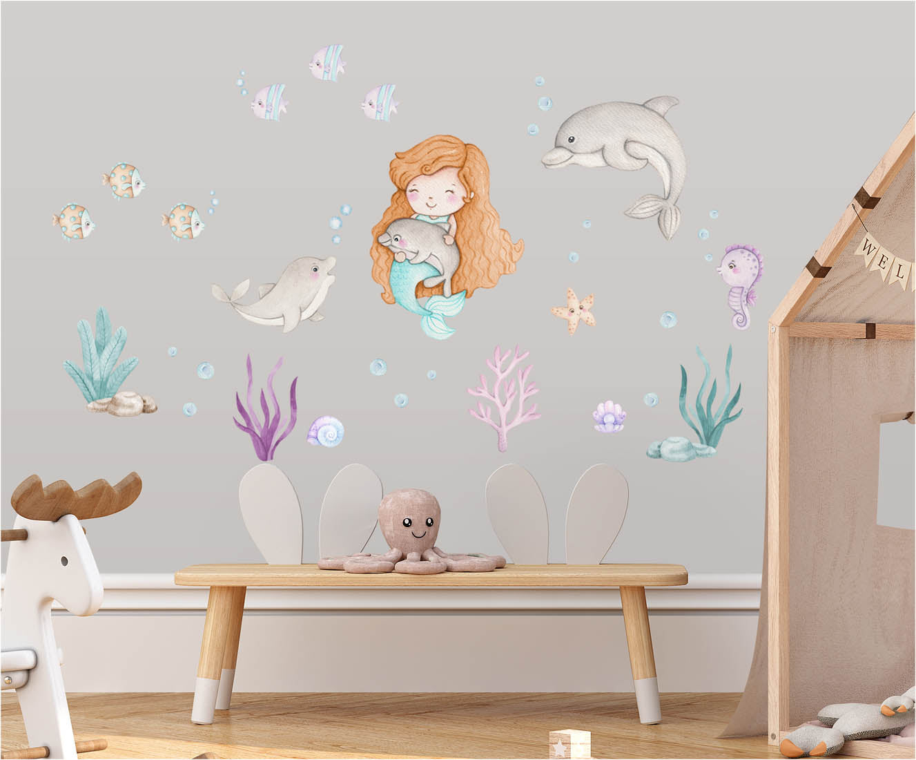 Mermaid, starfish, fish - wall stickers. Girl's bedroom.