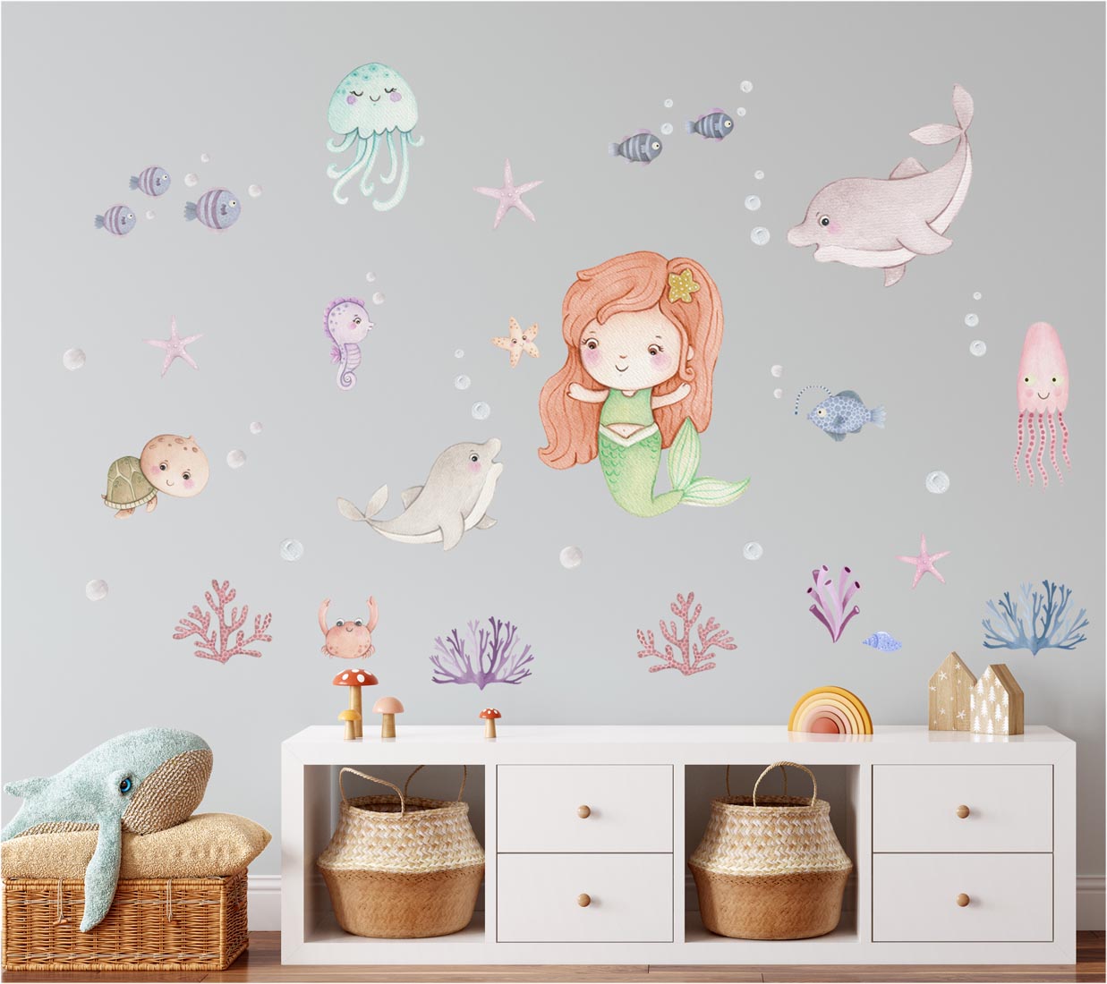 Mermaid, turtle, fish - wall decals. Girl's bedroom.