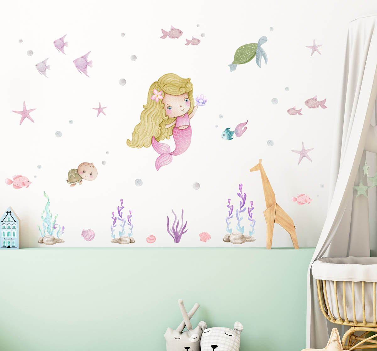 Mermaid, turtle, fish - wall decor for girl bedroom.