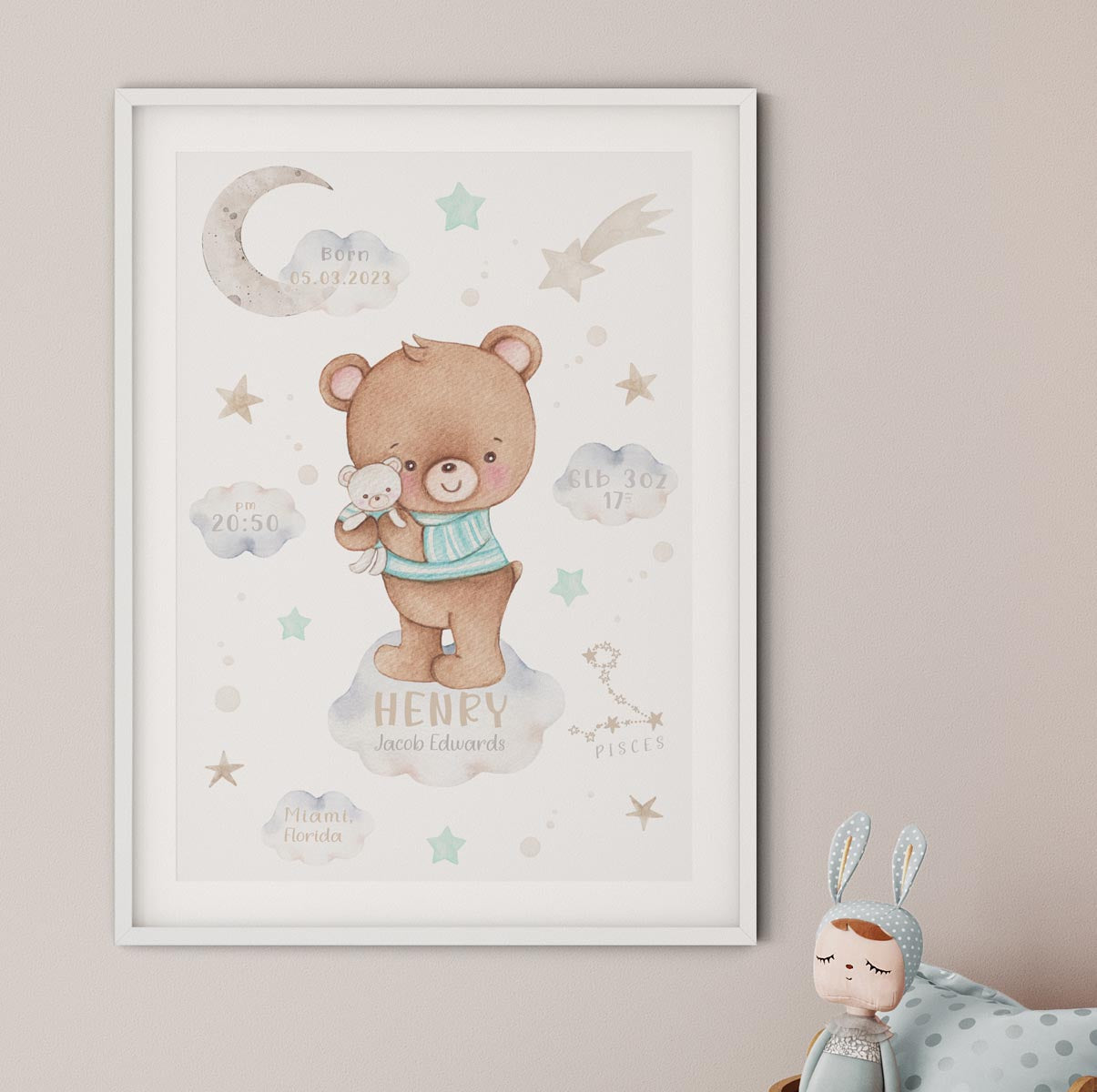 Teddy bear new baby birth poster. Newborn gift.