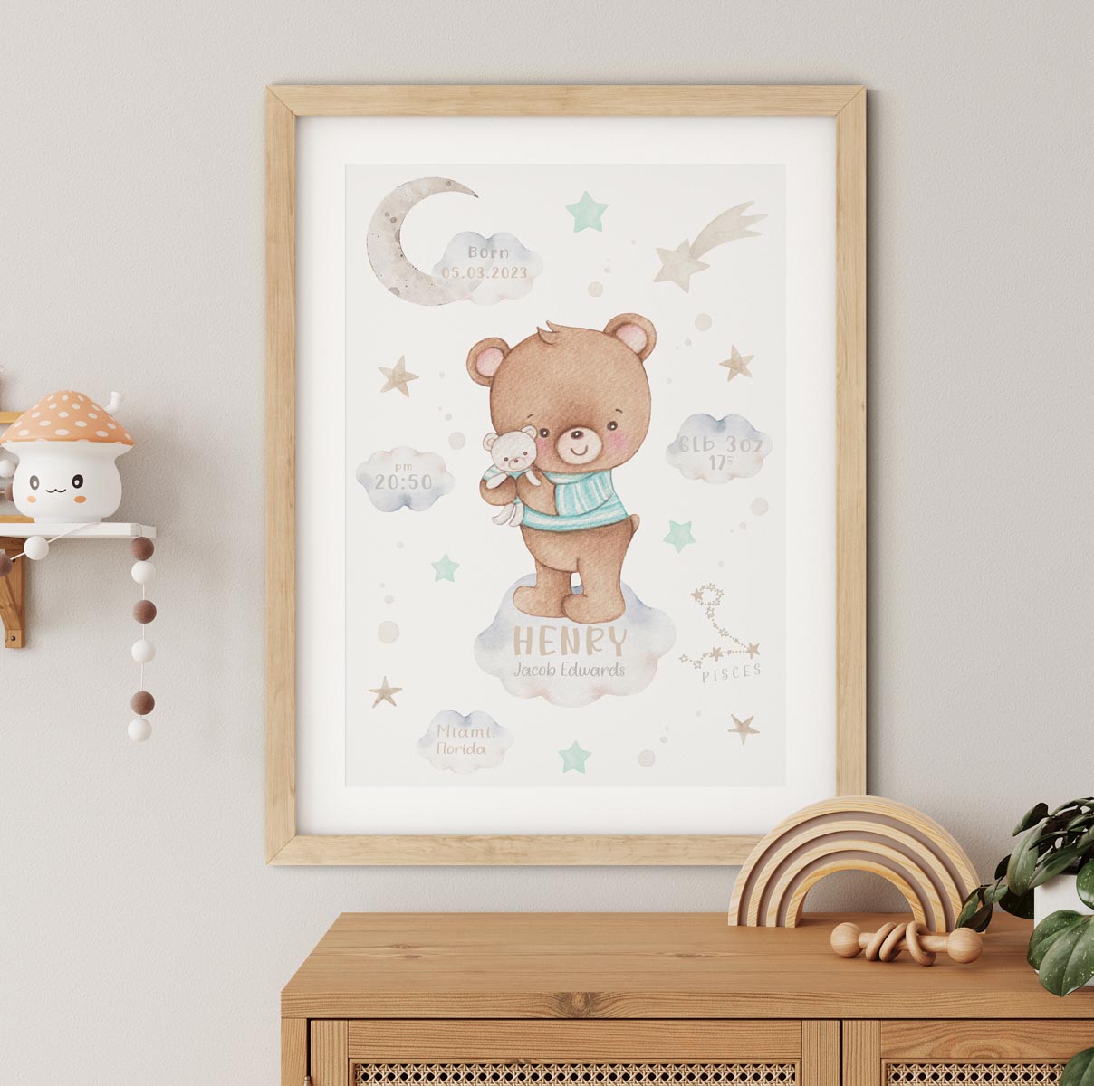 Personalised teddy bear birth details print. New baby gift.