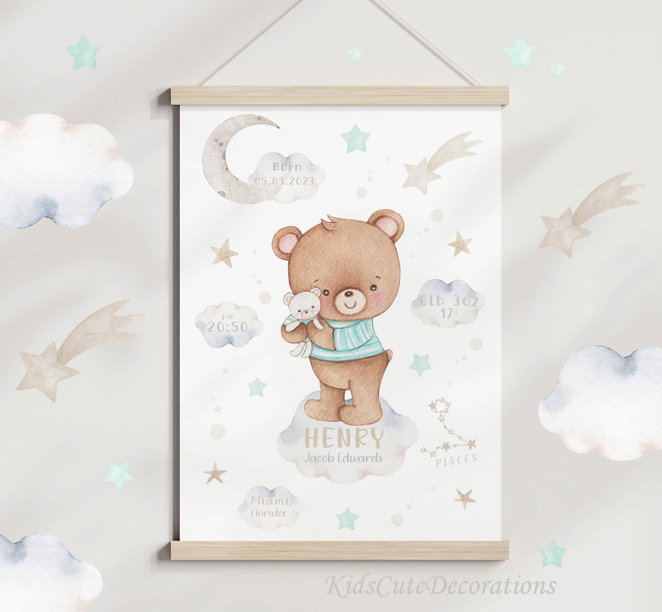 Teddy bear, blue stars. Newborn birth poster personalised.