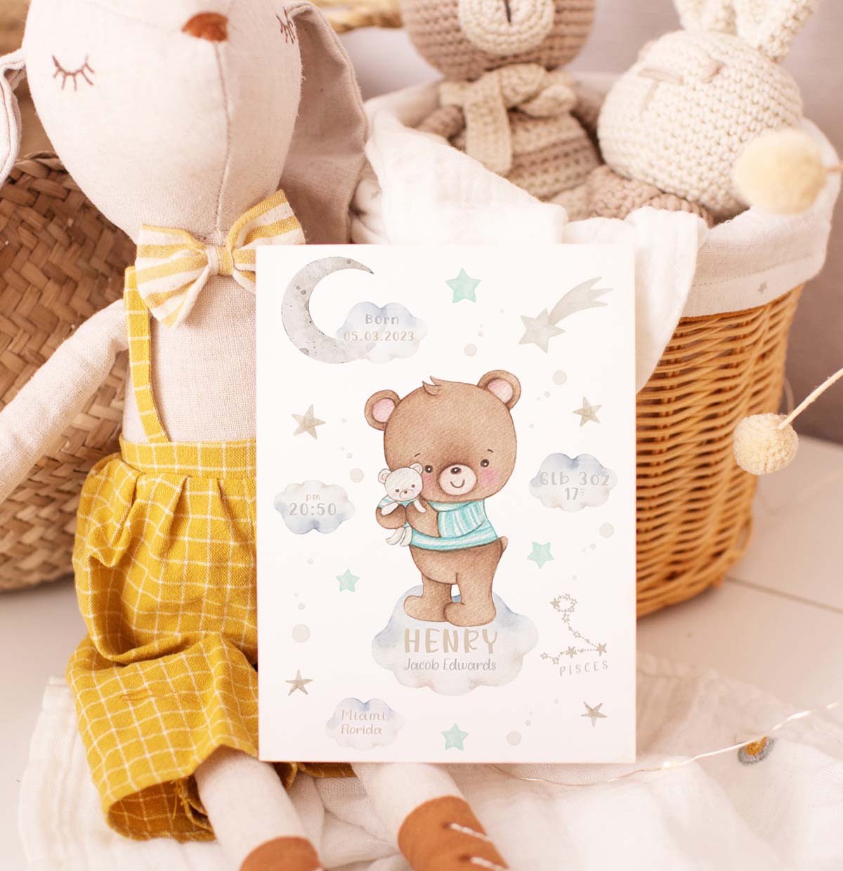 Teddy bear birth details poster. Newborn baby shower gift.