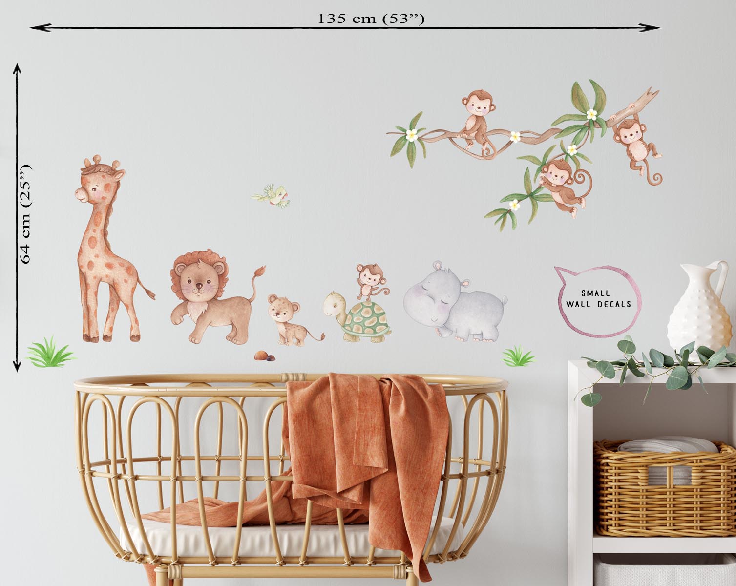 Monkeys on liana, lion - small wall stickers. Baby nursery.