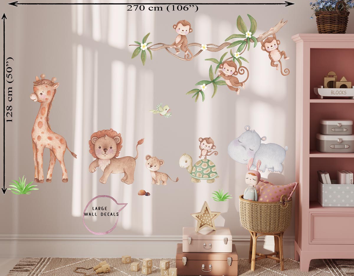 Monkeys, lion, safari - large wall decals. Kids room.