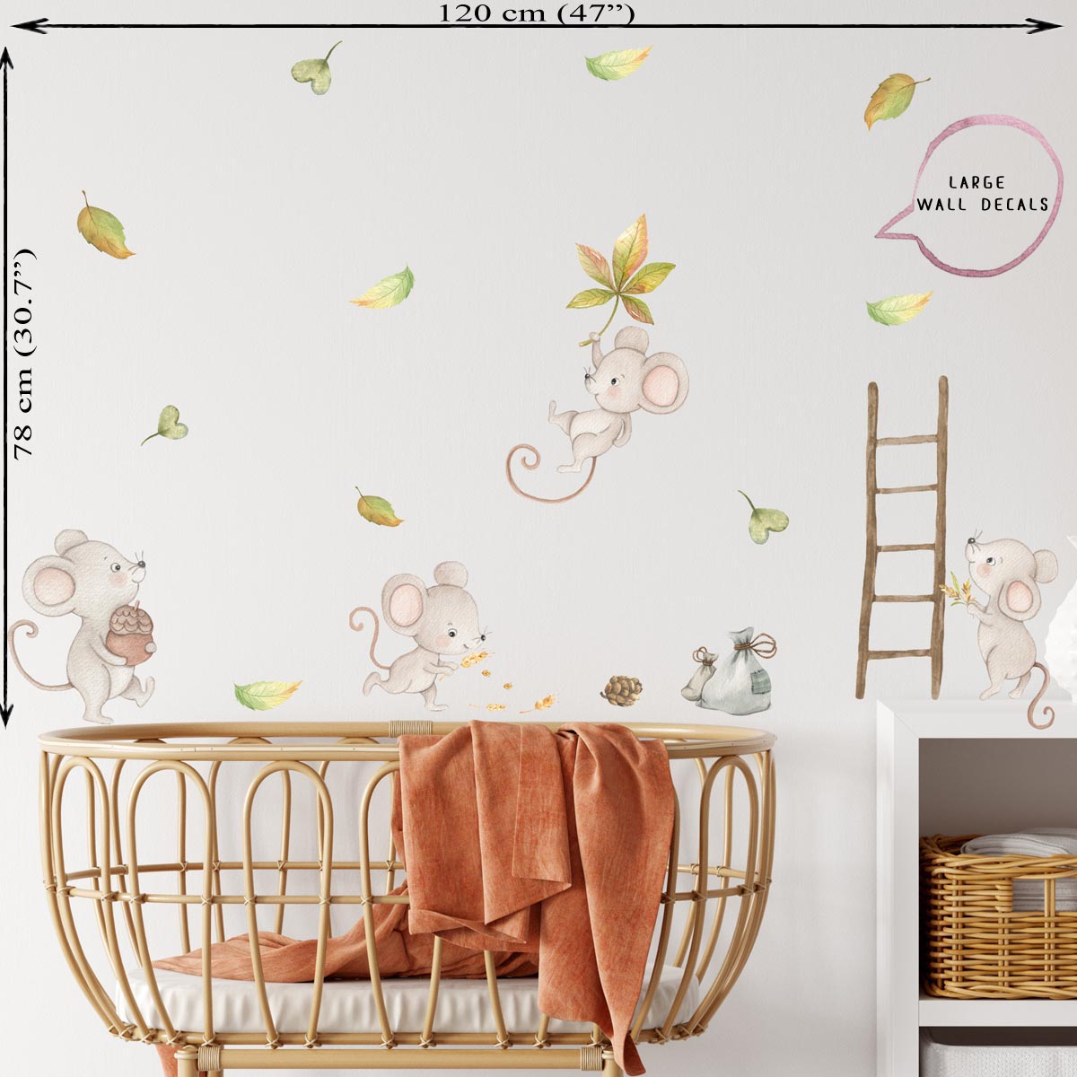 Mouse wall decals. Kids room mice wall stickers. Leaf.