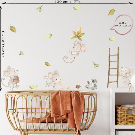 Mouse wall decals. Kids room mice wall stickers. Leaf.