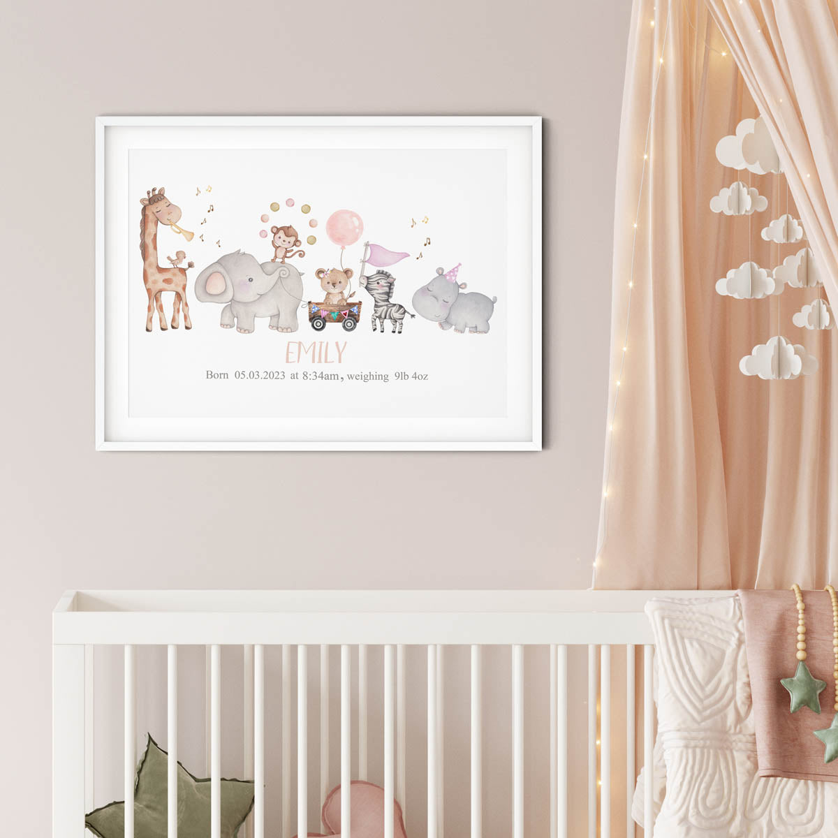 Nursery wall art. Jungle animals - newborn birth poster personalised.