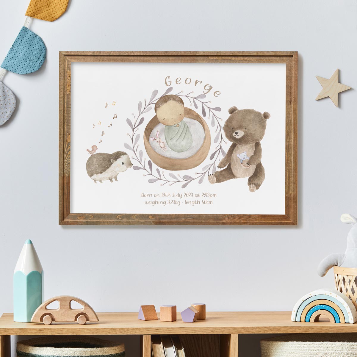 Personalised bear, forest animals - birth chart print. Newborn gift.