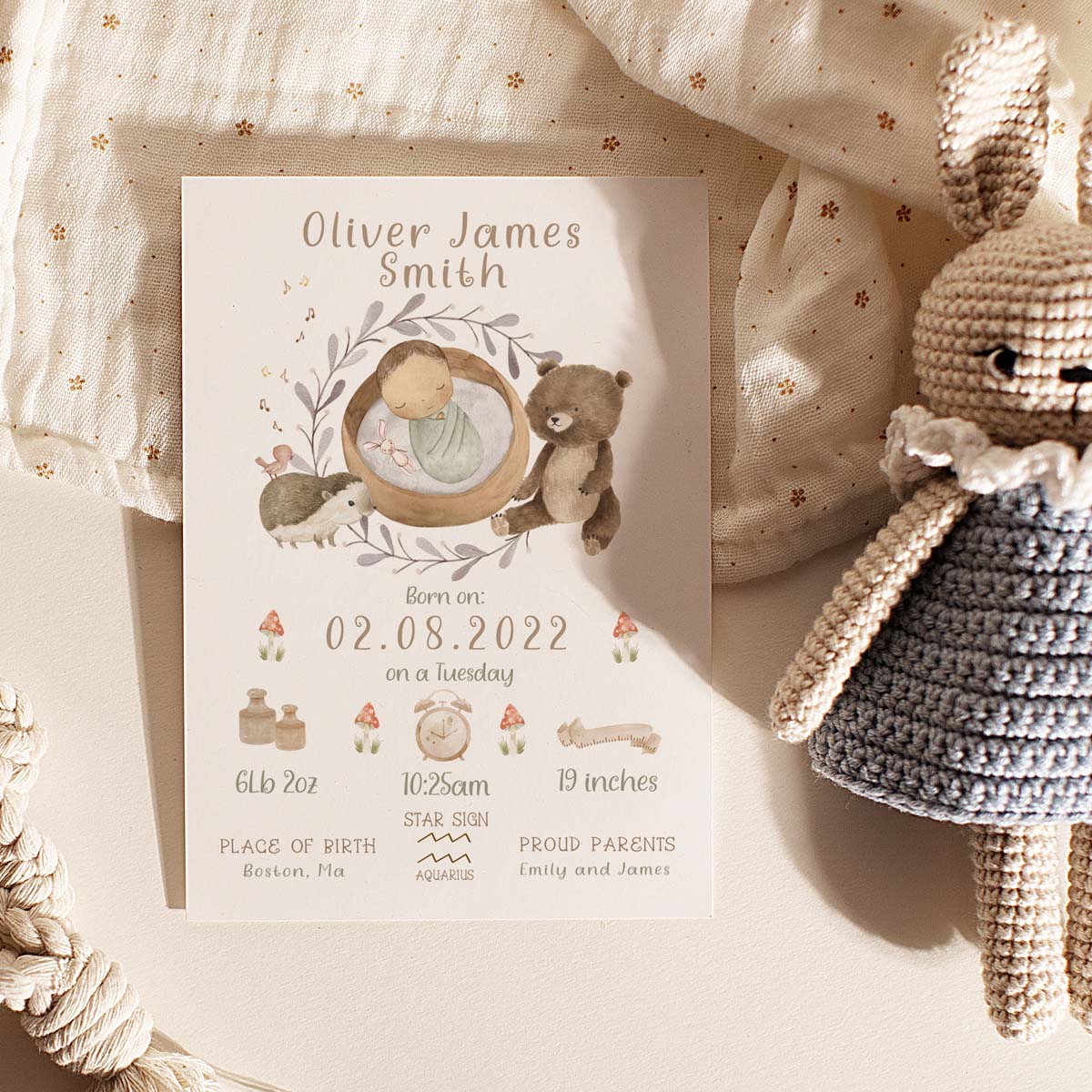 Personalised bear, forest animals - birth details print. Newborn gift.