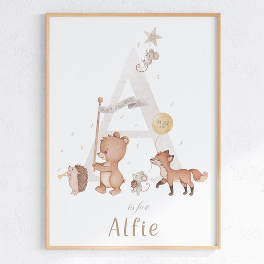 Personalised bear, fox, woodland birth details poster. Name, initial.