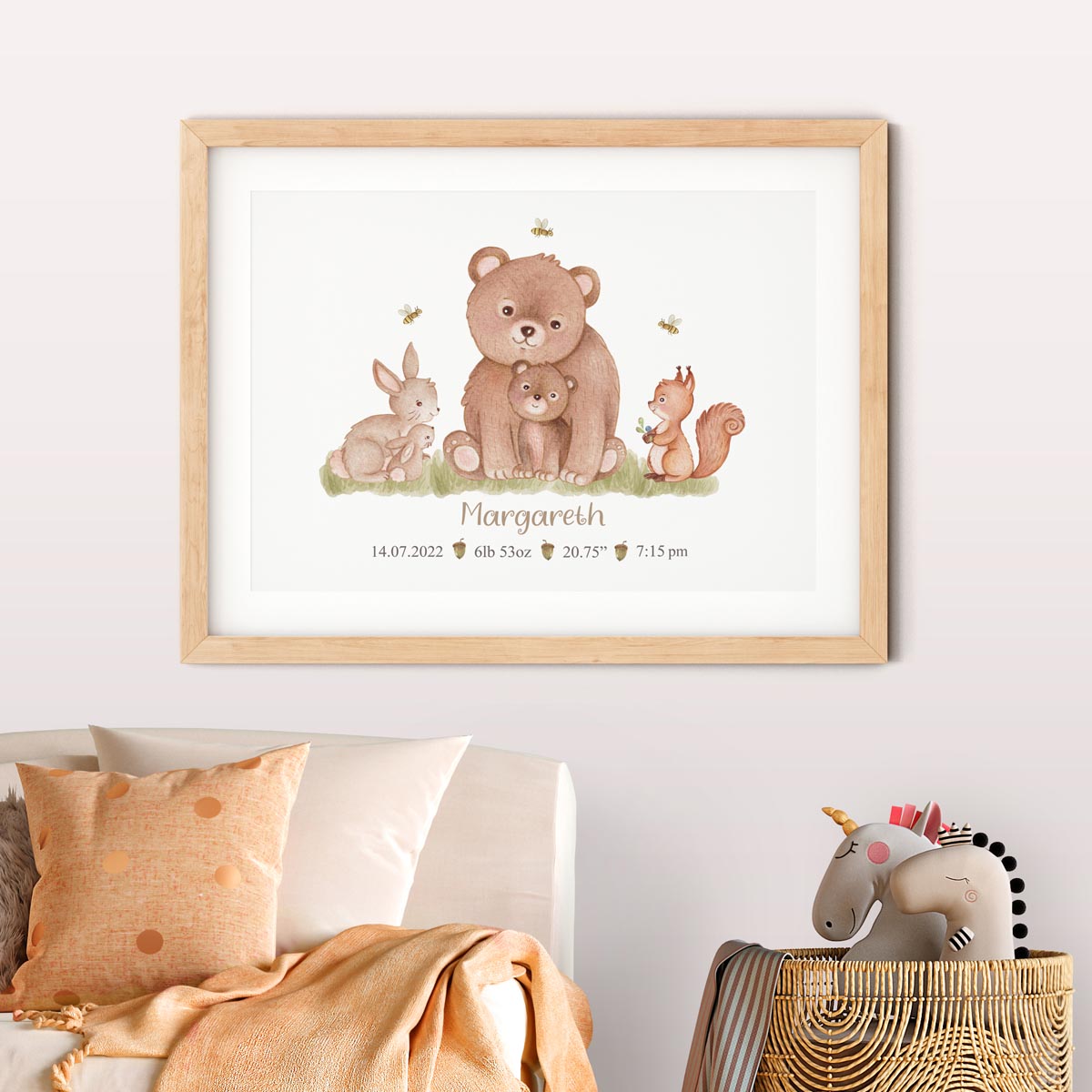 Personalised bear, fox, woodland animals - birth details poster. New baby gift.