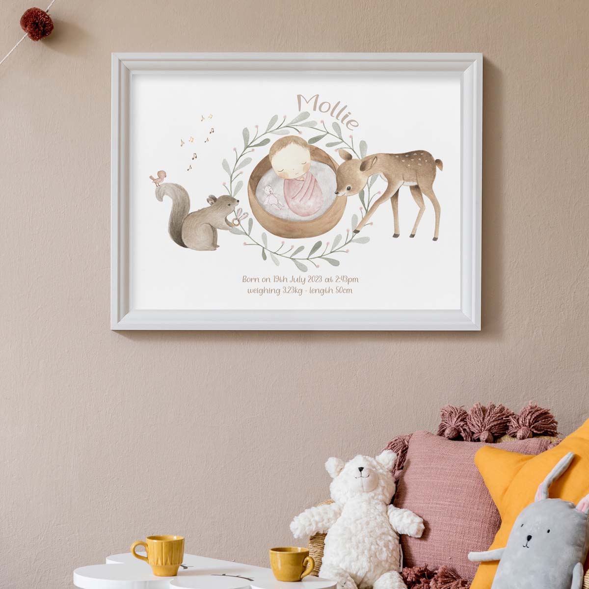 Personalised deer, forest animals - birth chart print. Newborn gift.