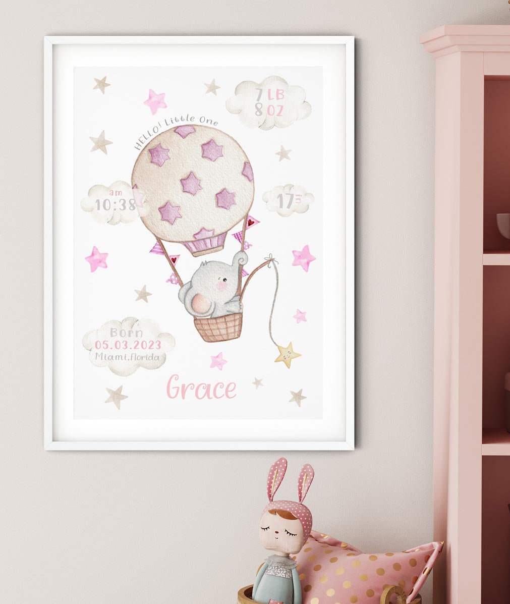 Personalised elephant birth details poster. New baby gift.