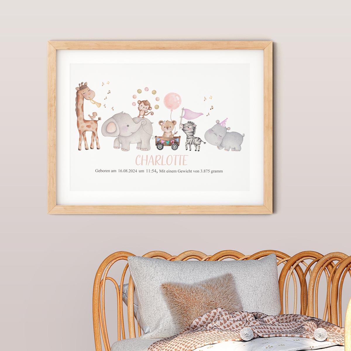 Personalised safari animals - birth poster. New baby gift.