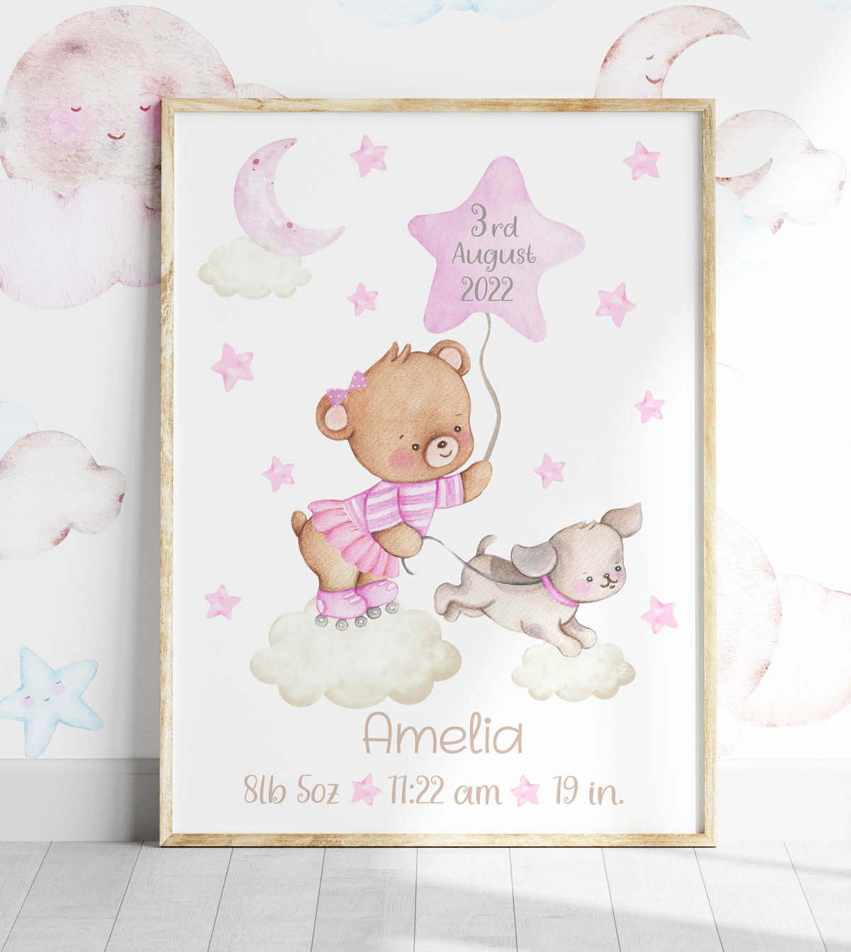 Personalised teddy bear birth details poster. New baby girl gift.