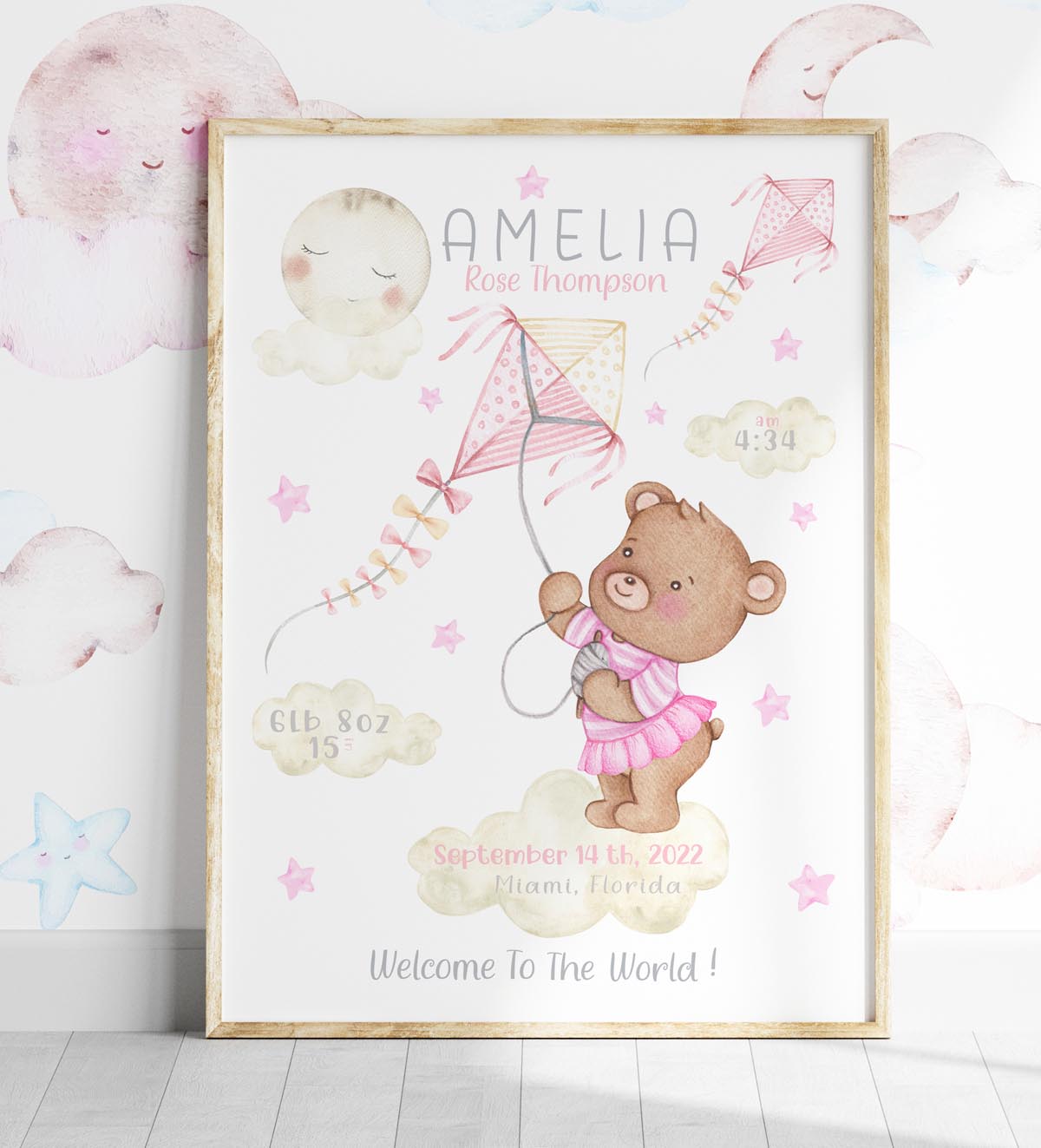 Personalised teddy bear birth details poster. New baby girl gift.