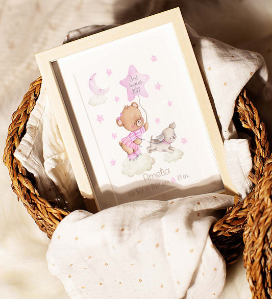 Personalised teddy bear birth details print. Baby shower gift.