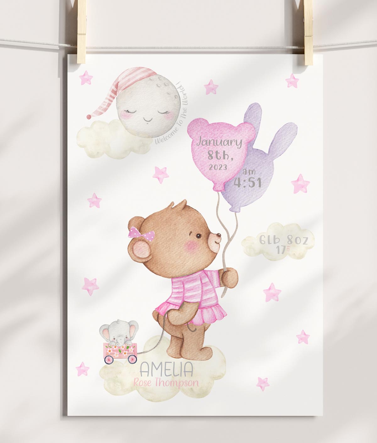 Personalised teddy bear birth details print. Baby shower gift.