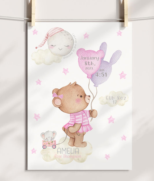 Personalised teddy bear birth details print. Baby shower gift.