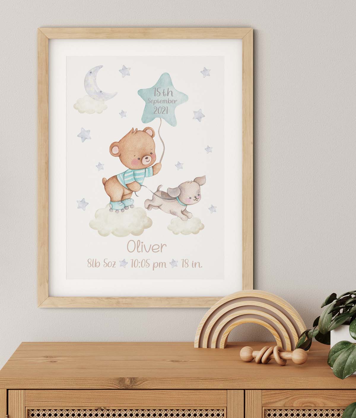 Personalised teddy bear birth details print. Balloon. New baby gift.