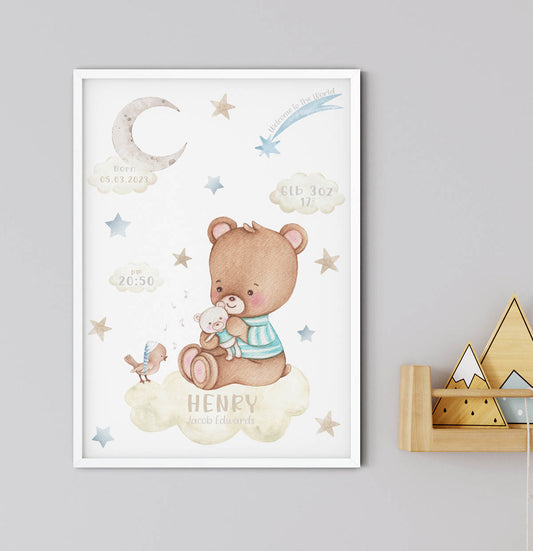 Personalised teddy bear birth details print. Comet. New baby gift.