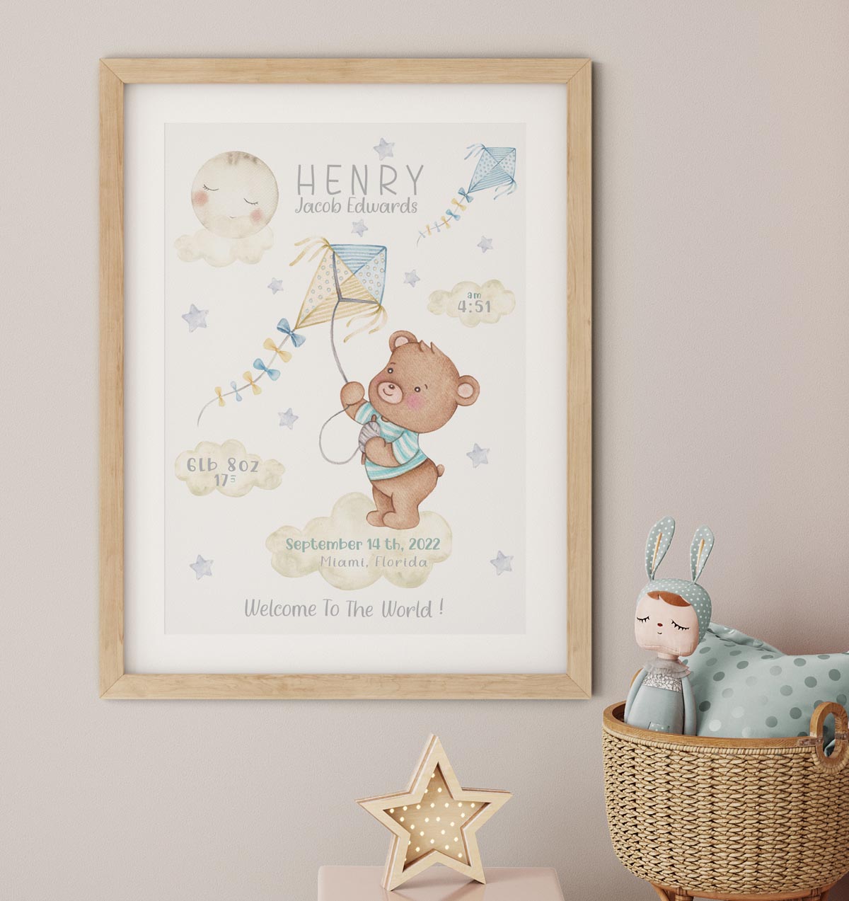 Personalised teddy bear birth details print. Kite. New baby gift.