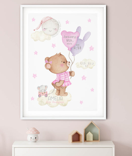 Personalised teddy bear birth details print. New baby girl gift.