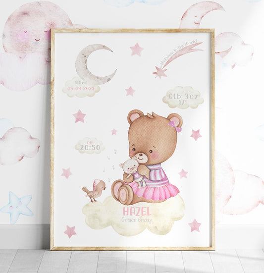 Personalised teddy bear birth details print. New baby girl gift.