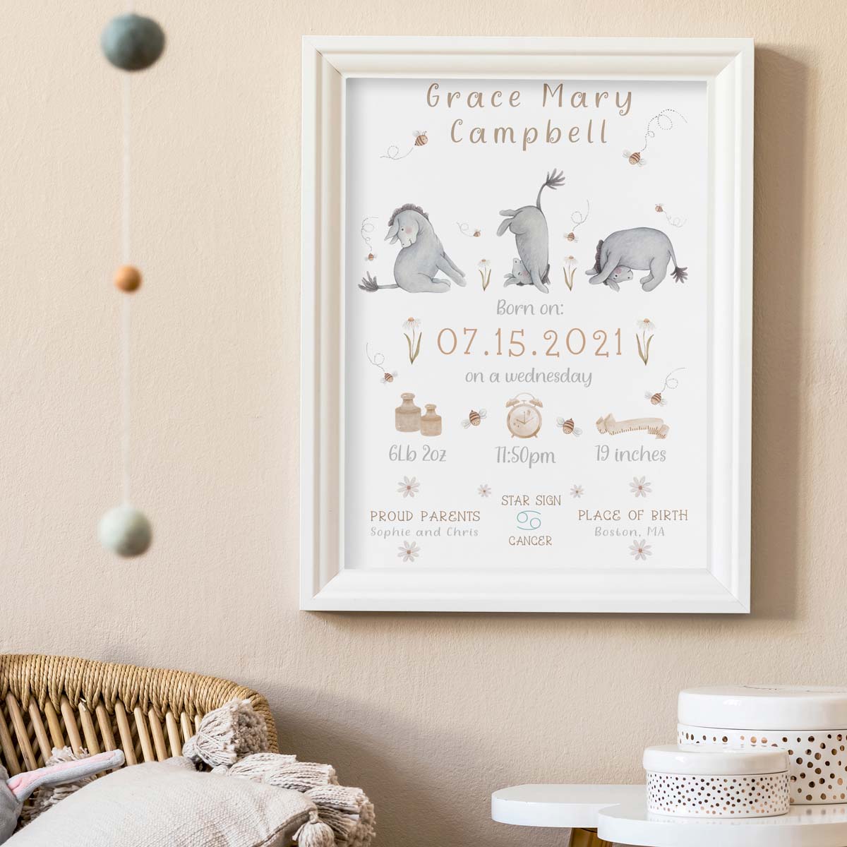 Personalised Winnie-the-Pooh birth details print. Eeyore newborn gift.