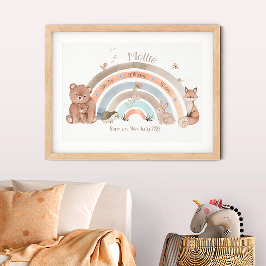 Personalised woodland animals birth details poster. New baby gift.