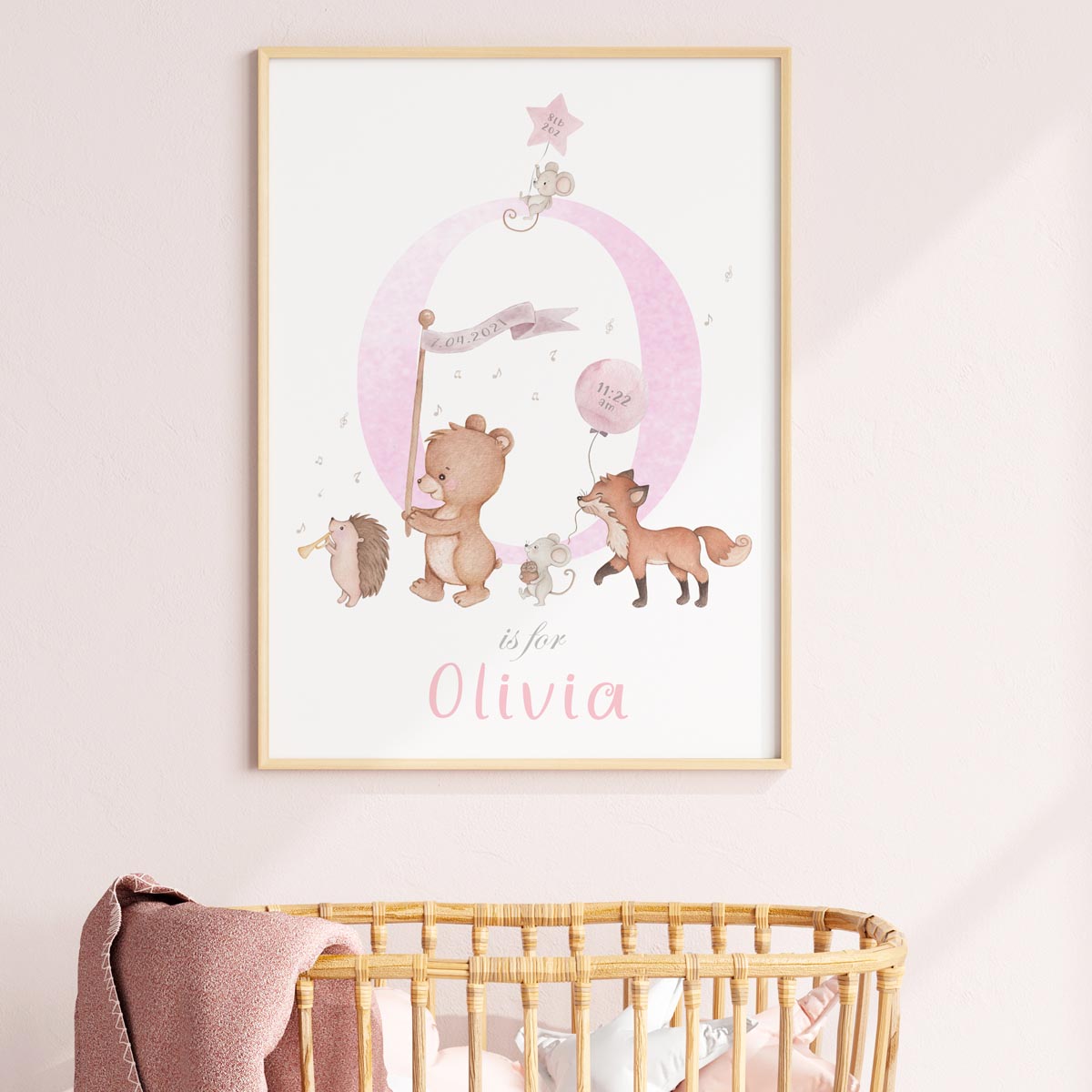 Personalized animals - baby girl birth details poster. Name, initial.