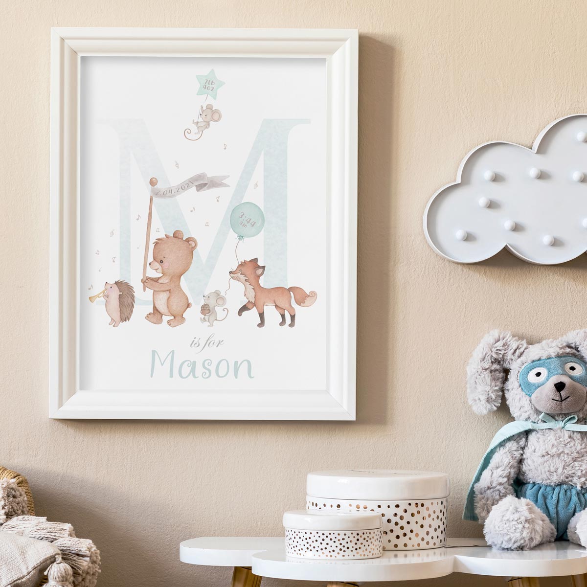 Personalized bear, animals - baby boy birth details poster. Name, initial.