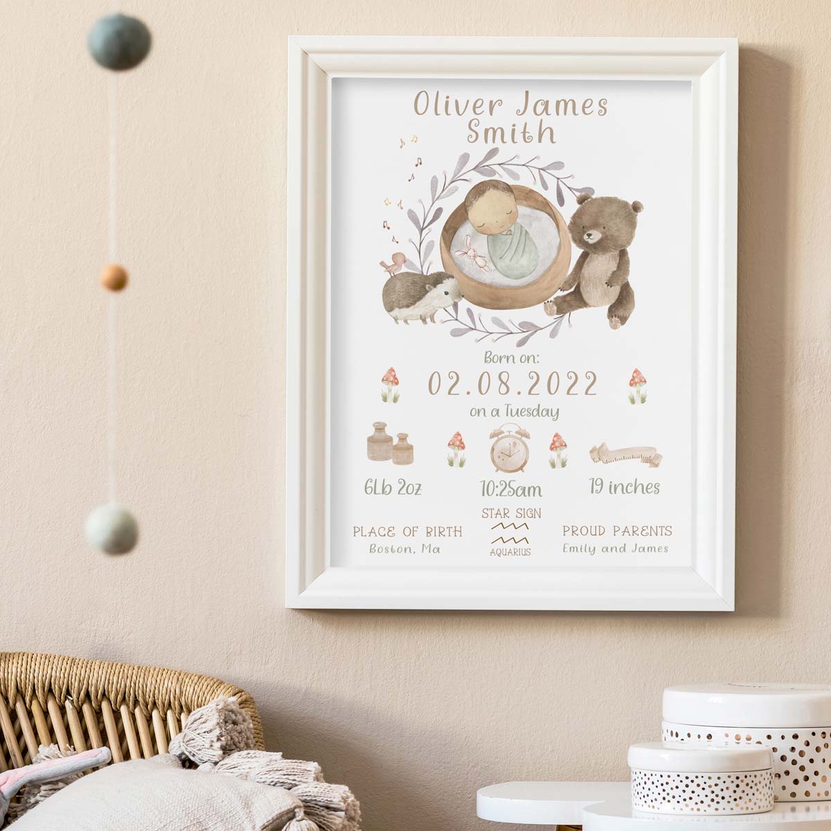 Personalized bear, woodland - birth chart print. New baby gift.