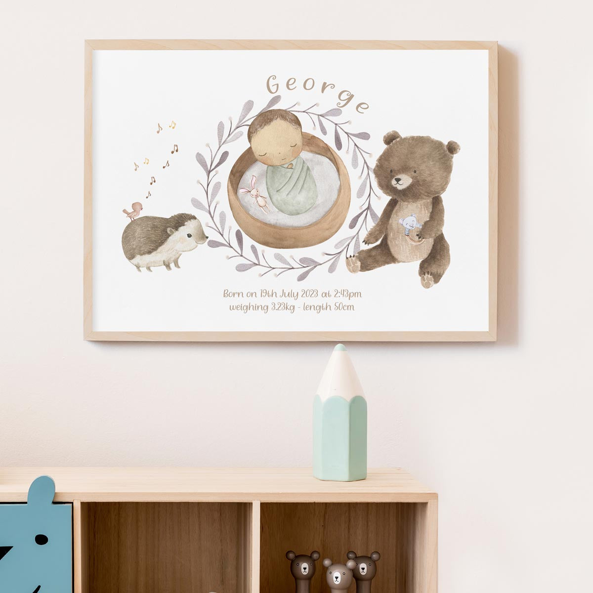 Personalized bear, woodland - birth details poster. New baby gift.