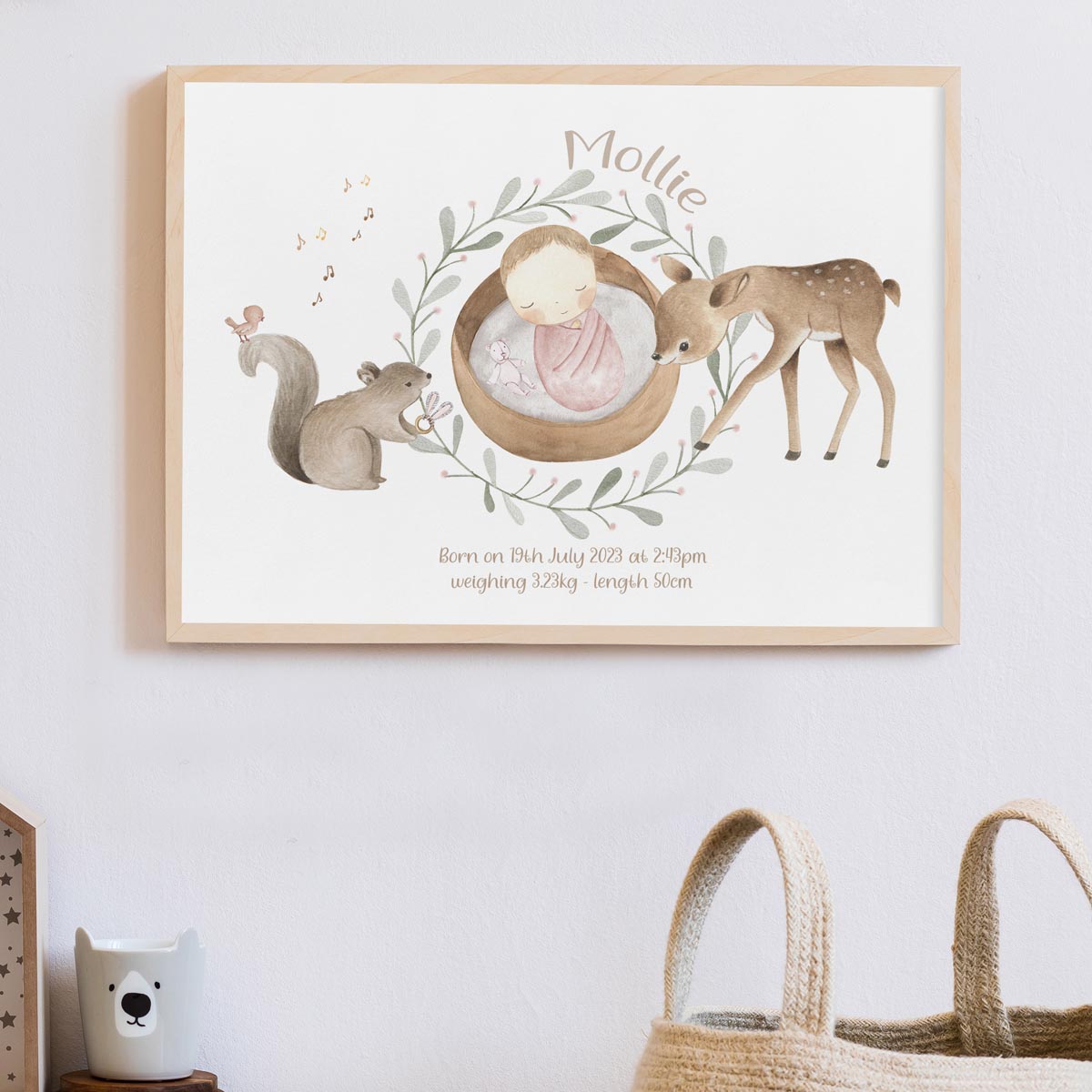 Personalized deer, woodland - birth details poster. New baby gift.