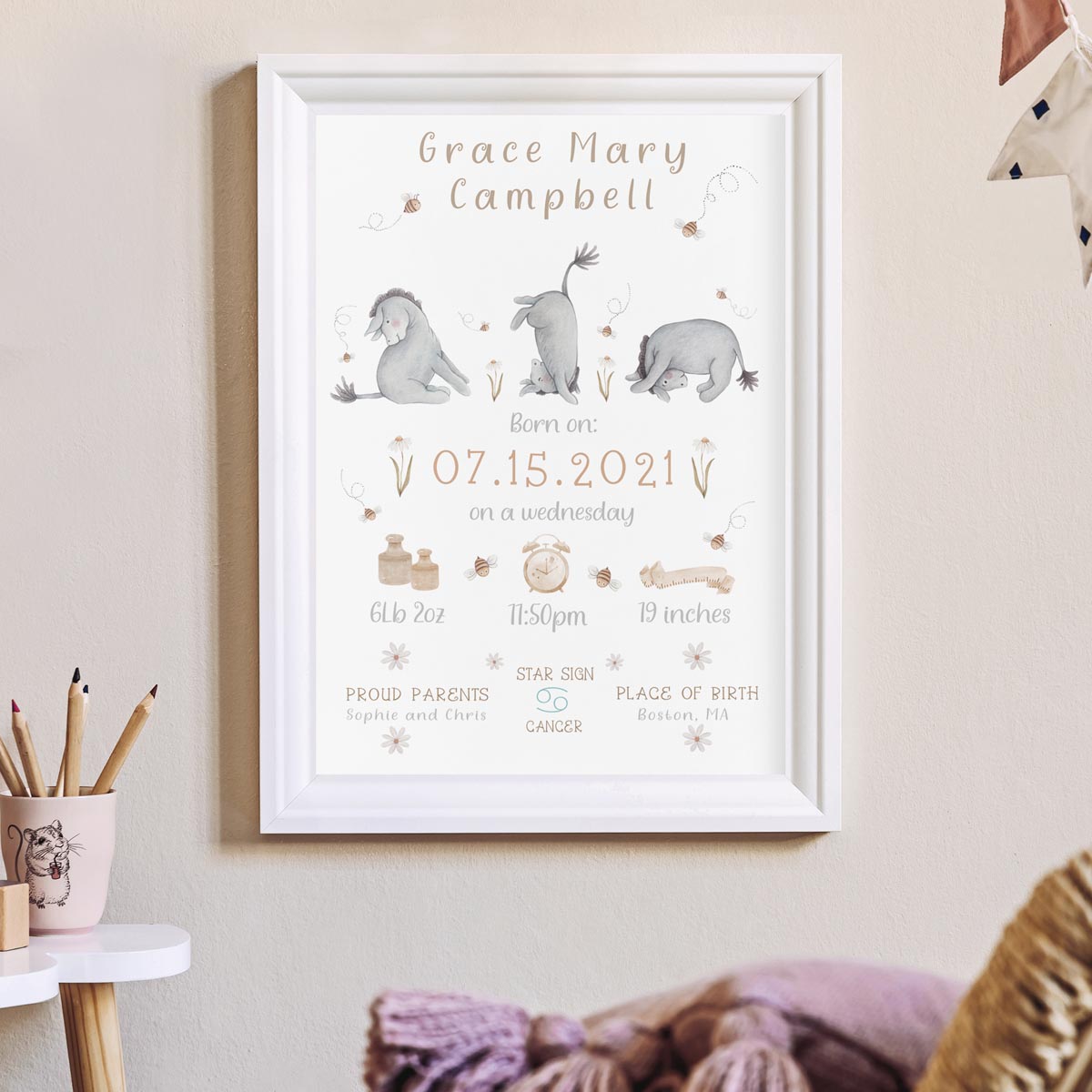 Personalized Eeyore birth chart print. New baby gift.