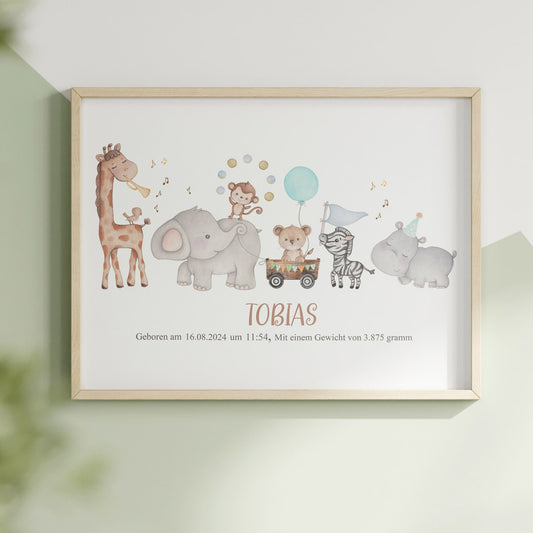 Personalized jungle animals - birth print. Baby boy gift.