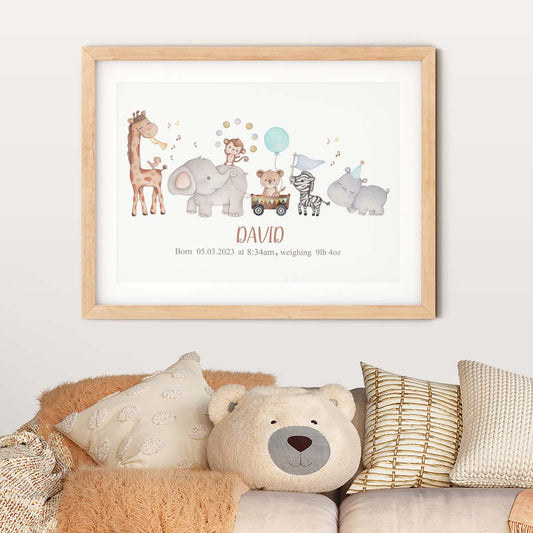 Safari animals baby birth print. Elephant, monkey. Gift for boy.