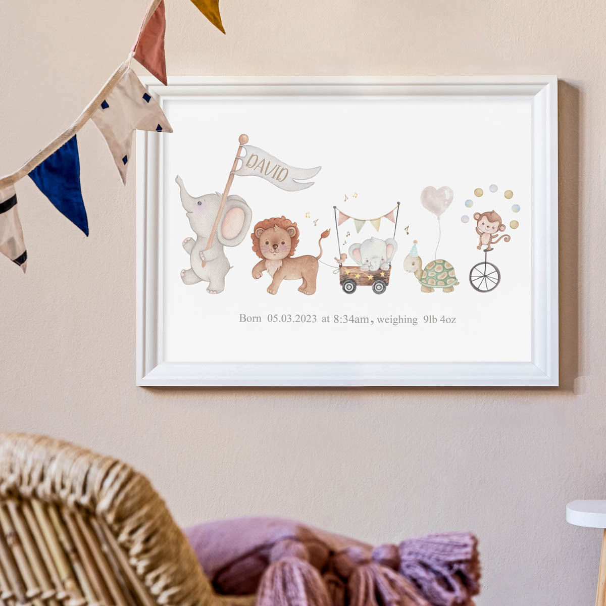 Safari animals. Baby birth stats print. Elephant.