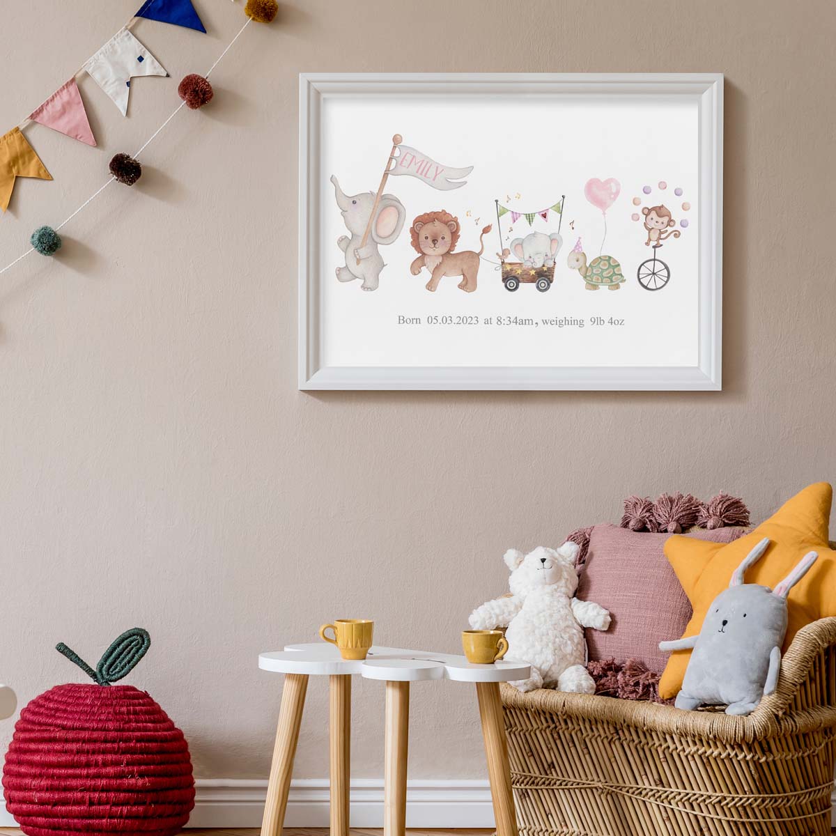 Safari animals - birth details print. New baby girl.