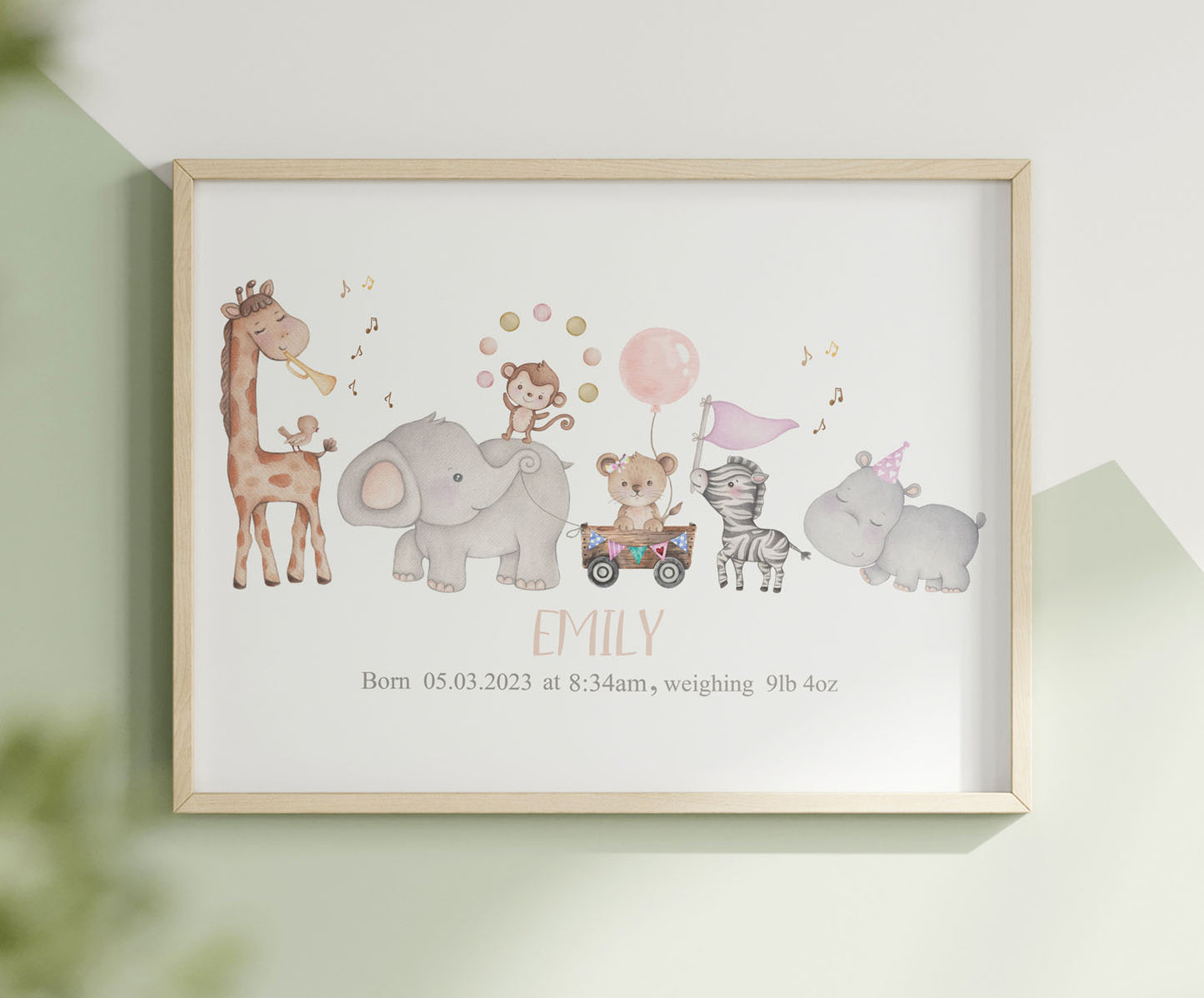 Safari animals - birth details print. New baby girl.