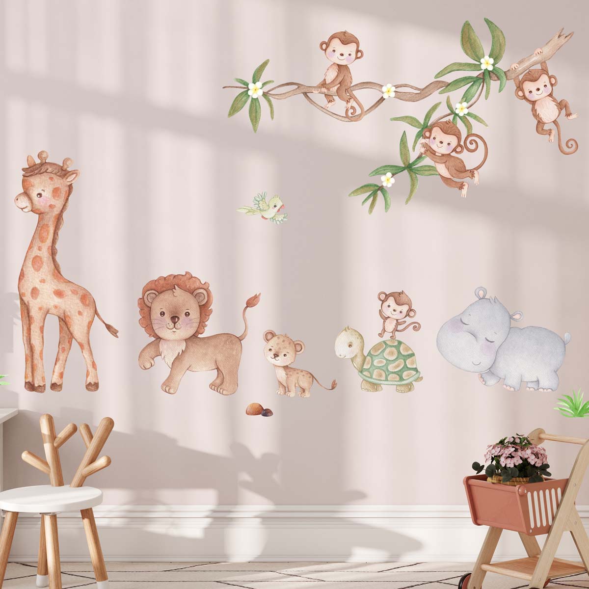 Safari animals, monkeys, giraffe - wall decals for girl room.