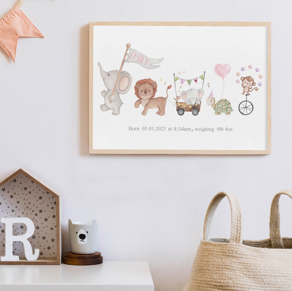 Safari animals - new baby girl birth poster. Newborn gift.