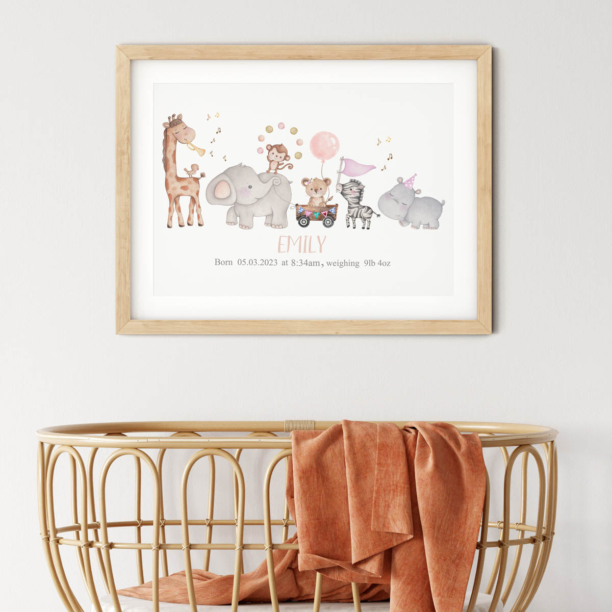 Safari animals - new baby girl birth poster. Newborn gift.